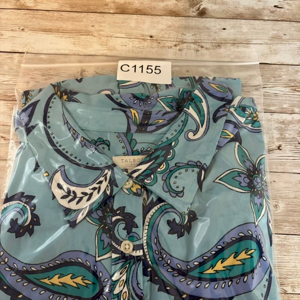 Talbots Blouse XL Blue Paisley Boho Preppy Floral Whimsical Colorful Roll Tab - Picture 10 of 10